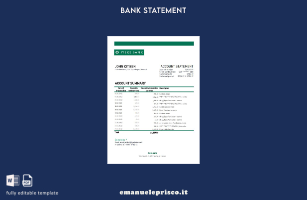 modello Excel di estratto conto bancario Danimarca Jyske in stile verificato